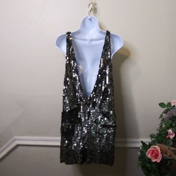 Free People Sexy Navy & Silver Sequinned Plunging Neckline Romper - Picture 4 of 10